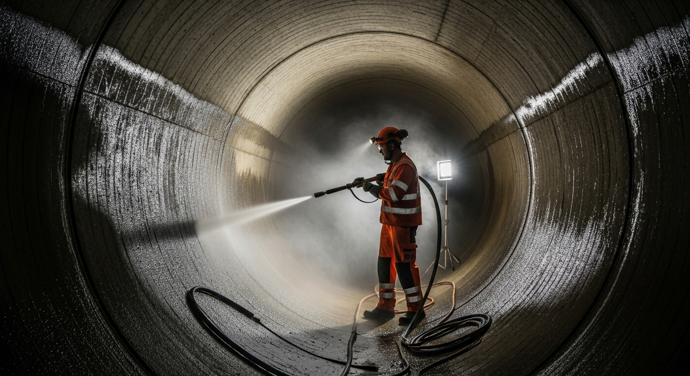 Professionelle Kanalreinigung mit Hochdruckspülung in einem Betonrohr