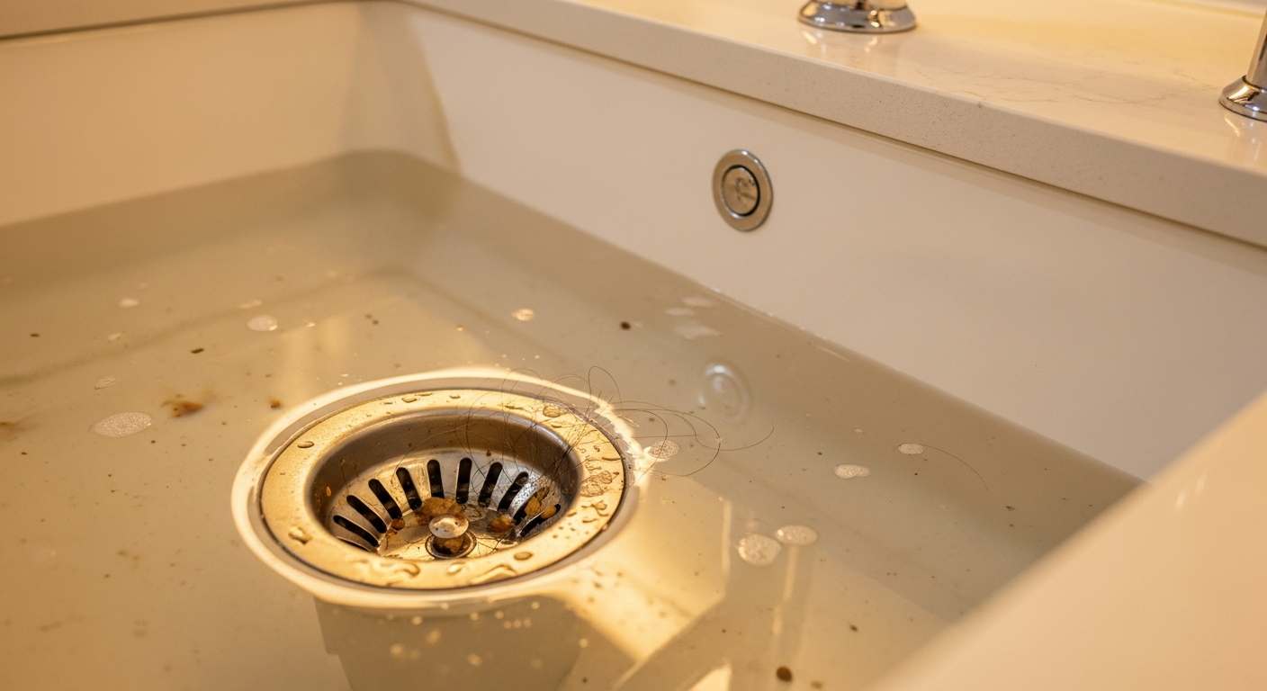 Verstopfter Abfluss in einem Waschbecken mit stehendem Wasser